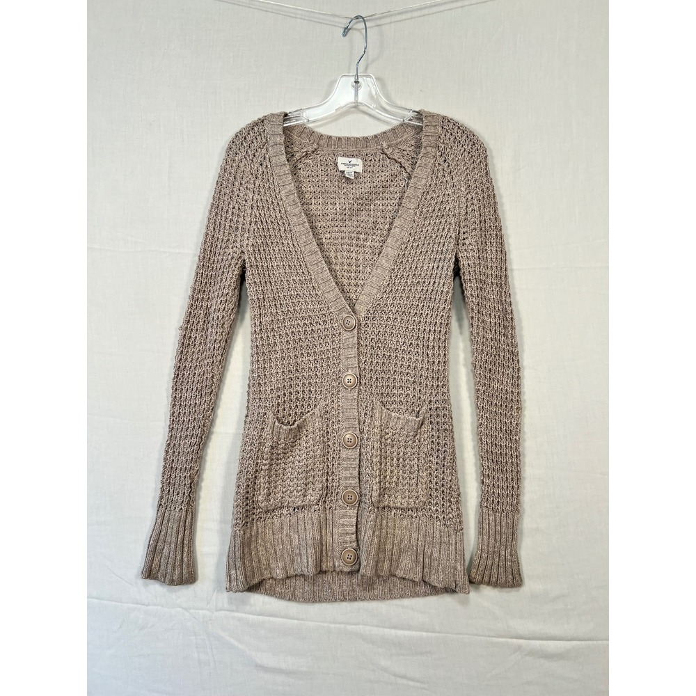 American Eagle Tan Open Knit V-Neck Button Cardigan Sweater Pockets XS 3717